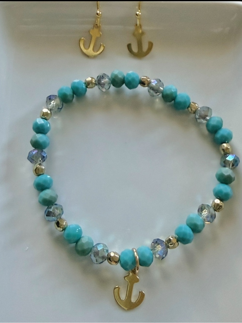 SET! Turquoise Beaded Anchor Charm Stretch Bracelet & Earrings